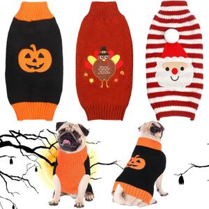 Sanwuta 3 Pieces Halloween Thanksgiving Christmas Dog Sweaters Sets Pumpkin Turkey Santa Puppy Dog Clothes Pet Knitwear for Dog Cat Pet Costume,(Small)