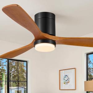 Ceiling Fans with Lights, 52 Inch Flush Mount Outdoor Ceiling Fan Low Profile, 3 Wood Blades, ETL Listed, Timer, 6 Speeds Reversible DC Motor Modern Fans for Bedroom, 52in, Brown and Black