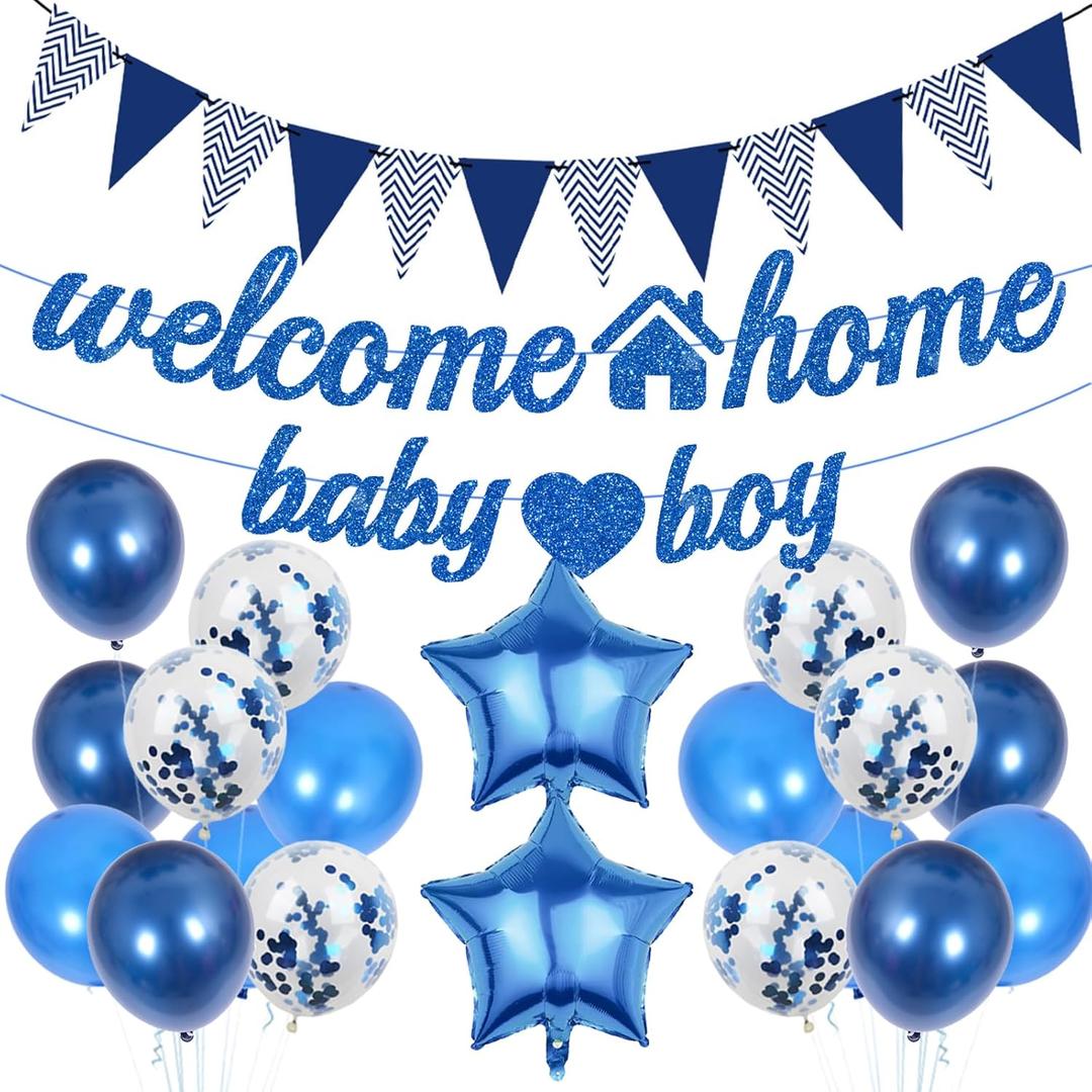 Welcome Home Baby Decorations Boy - 22 Pcs Blue Glitter Banners Foil Star Confetti Latex Balloon Triangle Pull Flag Set for Boys Oh Baby Shower Newborn House Party Gender Reveal Decoration