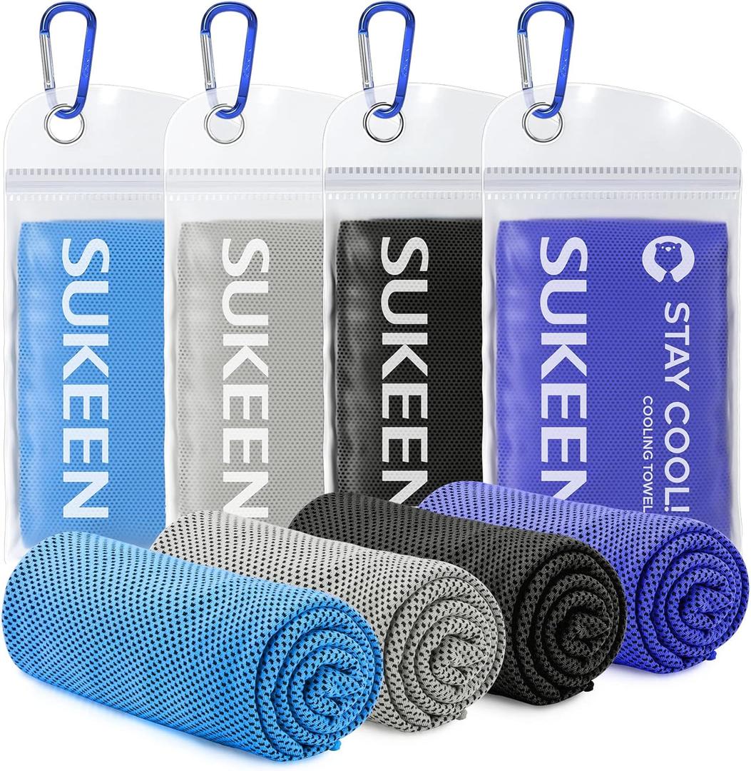 Sukeen [4 Pack] Cooling Towel (40"x12"),Ice Towel,Soft Breathable Chilly Towel,Microfiber Towel for Yoga,Sport,Running,Gym,Workout,Camping,Fitness,Workout & More Activities (Blue/Grey/Royal Blue/Black)