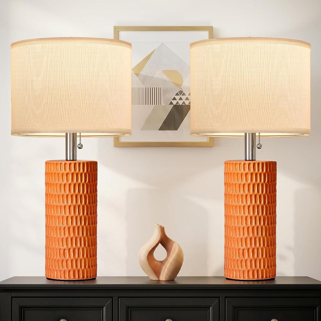 Reaketon Table Lamps for Living Room Set of 2, Ceramic Table Lamps for Bedroom, 20" Modern Lamps for Night Stands, Orange