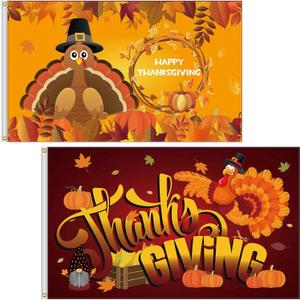 2 Pieces 3 x 5 Feet Halloween Flag Double Sided Pumpkin Witch and Thanksgiving Turkey Autumn Flag Happy Halloween Thanksgiving Banner for Home Outdoor Indoor Party Decoration(Turkey Style)
