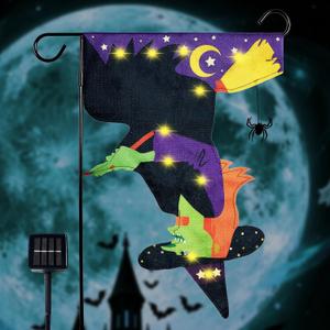 Halloween Flag Garden Flag for Outside, Led Solar Yard Flag 8 Modes Witch Feet Shape Flag, 12x18 Flying Witch Shape Flag Decorations for Home Porch, Outdoor Garden