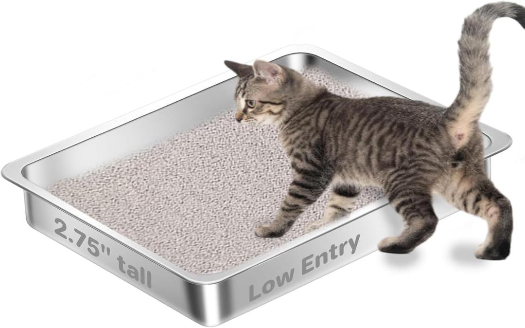 Amibud Low Entry Stainless Steel Cat Litter Box for Kittens, Metal Kitty Shallow Litter Box, Easy Access Kitty Litter Pan Tray, Easy Cleaning -17.72'' Lx 13.78'' W x 2.76'' H