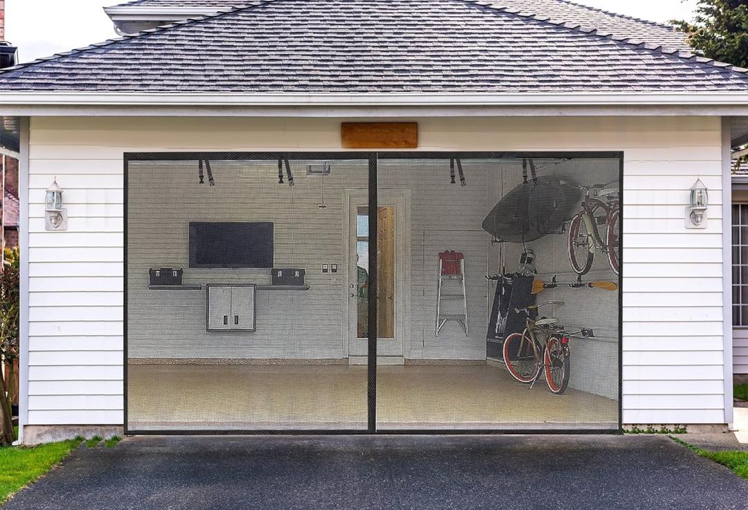 Garage Screen Doors for 1 car garage-8x7FT Fiberglass 1400g/3.1lb Durable Heavy Duty Magnetic Garage Door Screen Retractable Hands Free with 4 Roll Up Straps for Patio Workshop Home Gym Sun Room