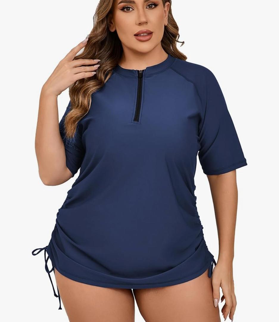 Halcurt Women's Plus Size Half Zip Short Sleeve Rash Guard Swim Top Drawstring Swim Shirt UPF50+ Swimsuit,1X