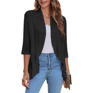 Zeagoo Women's Open Front Cardigan 3/4 Sleeve Draped Ruffles Soft Knit Sweaters S-3XL (Black)