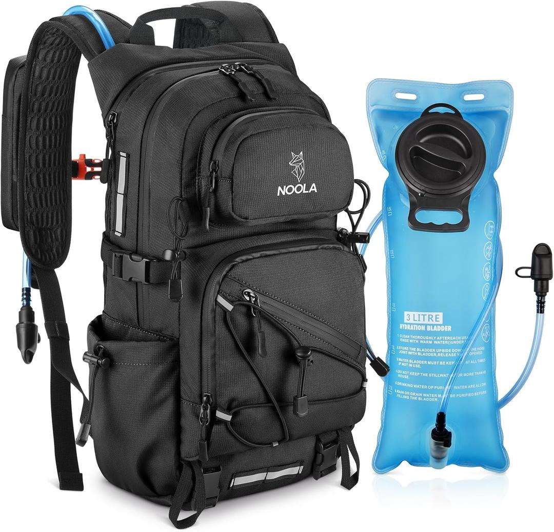 NOOLA Hydration Backpack with 3L Water Bladder - 25L Water Backpack for Hiking, Cycling, Running, Biking - Lightweight Hiking Pack Bag with Rain Cover, Phone Holder and Trekking Pole Holders, Black