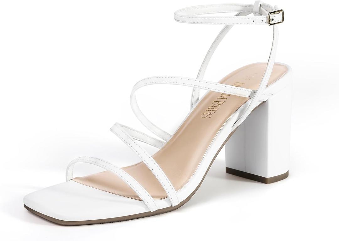 DREAM PAIRS Women's Heels Chunky Block Strappy Square Open Toe Ankle Buckle Heeled Sandals Wedding Party Dress Shoes Indie,Size 6,White,SDHS2428W