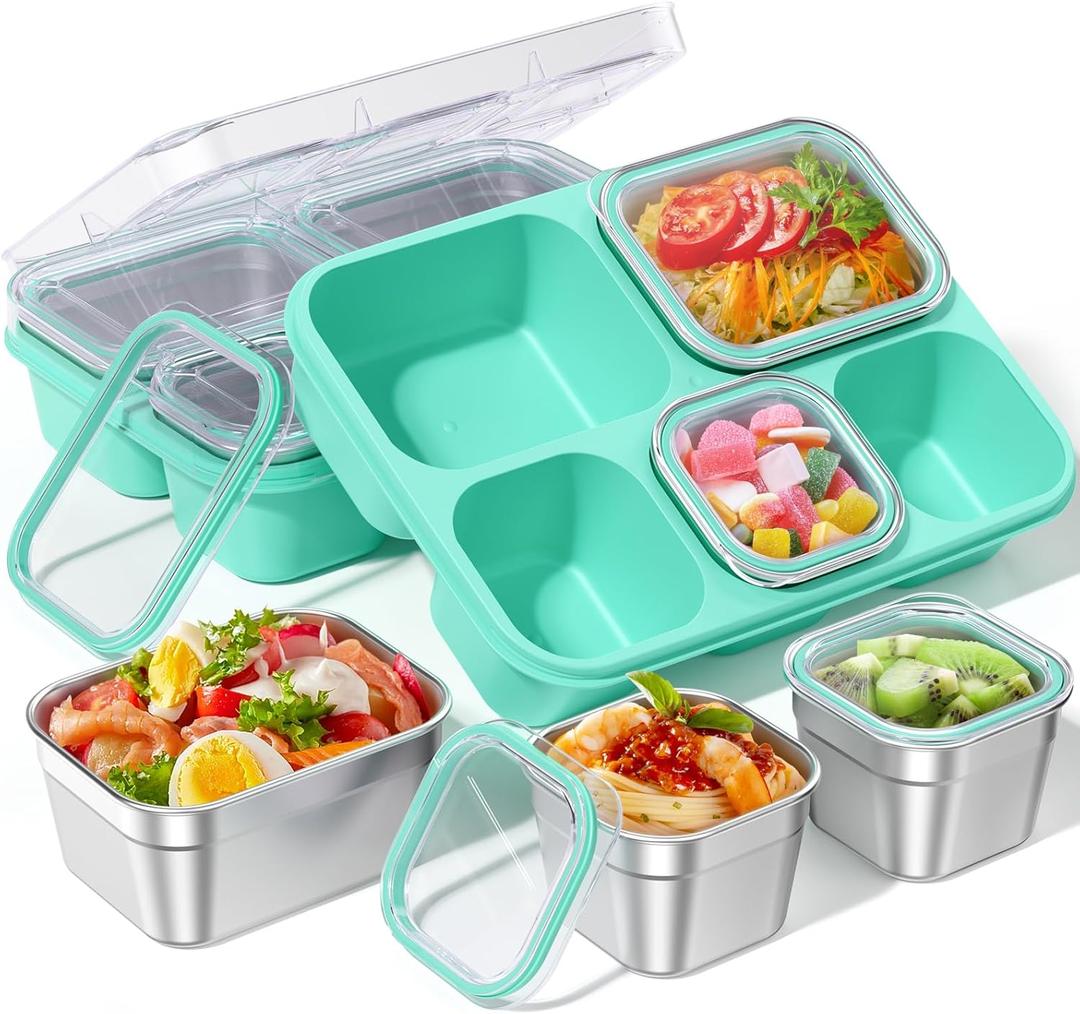 Snackle Box Containers, Stainless Steel 5 Compartments Divided Serving Tray with Lid, Removable LeakProof Portable Bento Box for Fruit Candy Nuts Food - School, Picnic and TravelGreen