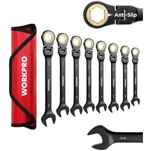 WORKPRO Ratcheting Combination Wrench Set, 8-piece Flex-Head Anti-Slip Set SAE 5/16-3/4 inch, 72-Teeth, Cr-V Constructed, Black Electrophoretic Coating with Rolling Pouch