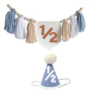 Half Birthday Decorations for Baby Boy Blue Handmade 1/2 High Chair Banner with Cone Hat for Half Way To One Baby Boy 1/2 Birthday Wall Hangings Decorations