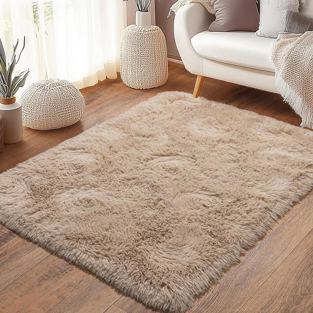 Beige Fluffy Rug for Bedroom 3x5 ft Small Rug - Ultra Soft & Non Slip Shaggy Area Rug, Comfy Durable Carpet for Living Room Kids Room Teens Dorm Home Decor, 1.7'' Thick Indoor Plush Carpets