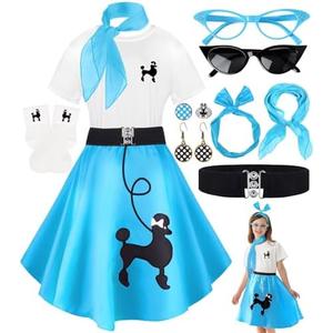 10Pcs Sock Hop Costume Outfit Girls 50s Poodle Skirt T Shirt Accessories | Girls' 50s vintage set with T-shirt, poodle skirt and polka dot accessories for retro birthday, sock hop party and halloween size XL