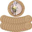 Aneco 24 Pack 13.8-Inch Round Woven Placemats Natural Hand-Woven Boho Rattan Wicker Bulrush Placemat Farmhouse Rustic Braided Table Mats for Dining & Kitchen Decor