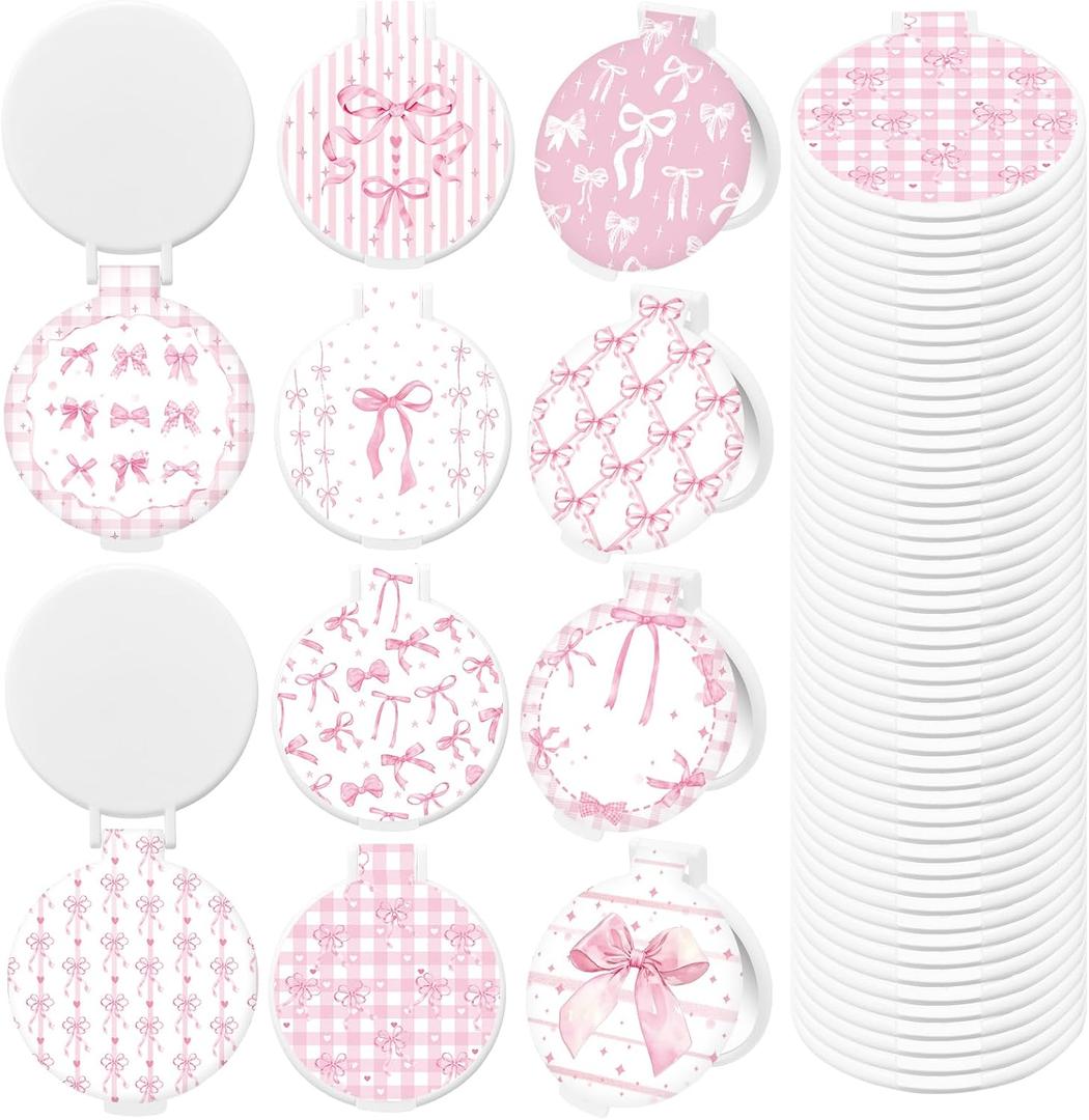 50 Pcs Pink Bow Compact Mirror Bulk Small Pocket Purse Round Mirror Portable Folding Makeup Pink Bow Mirrors Gifts for Women Coworker Employee Teacher