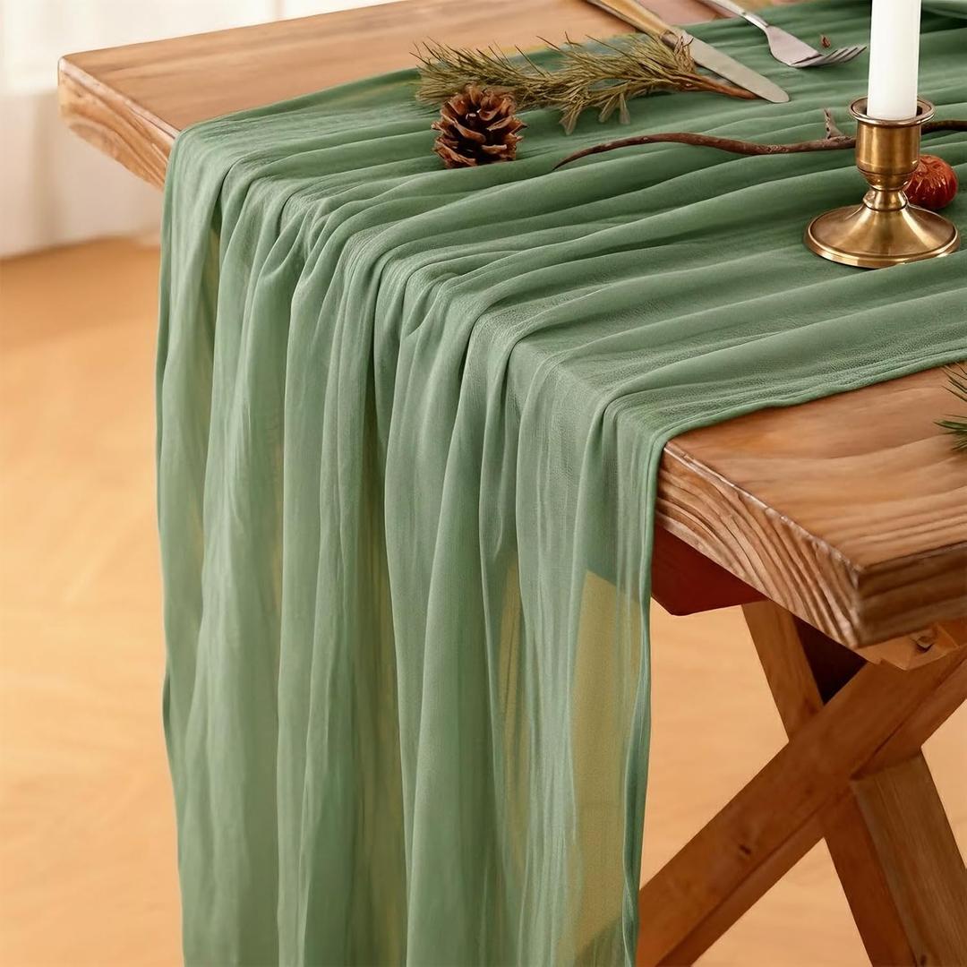 Sage Green Table Runner, 120 Inch 10 FT Boho Rustic Cheesecloth Gauze, Farmhouse Centerpieces Decor for Wedding Spring Easter Baby Bridal Shower Party Decoration, 1 Pack