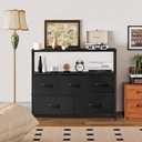 TV Stand, 5 Fabric Drawers Dresser Entertainment Center for TV up to 45 inch Wooden Media Console Table Storage Organizer with Open Shelf, for Living Room, Bedroom, or Small Space, Black