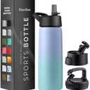 FineDine Triple Walled, Insulated Water Bottles with Straw - 25 Oz Stainless Steel Metal Bottle W/ 3 Leak Proof Lids - For Travel, School, Sports, Gym/Men, Women & Kids - Powder Steel Blue