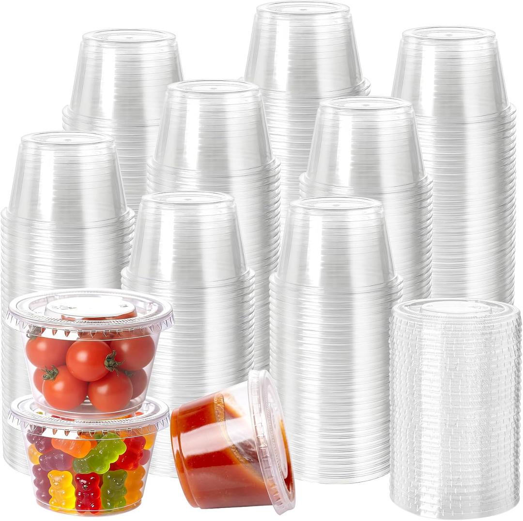 100 x HOMIP 100Pack 4oz Disposable Plastic Portion Cups with Lids, Small Mini Sauce Cups for Portion Control, Salad Dressing Cups, Airtight and Stackable Condiment Cups for Party, Holiday and Daily Use