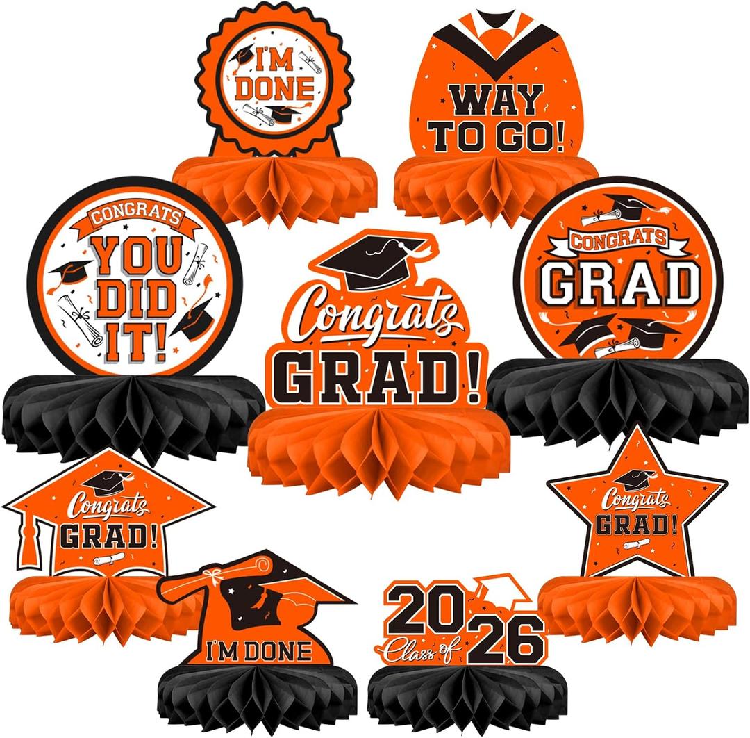 5 x 9PCS Graduation Party Decorations Class of 2026 Congrats Grad Table Centerpiece Congratulate Graduation Honeycomb Table Toppers for Graduation Party Supplies(Orange,Black
