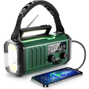 10000mAh Hand Crank Emergency Radio, NOAA Weather Radio with AM/FM & solar Radio, Rechargeable Battery, Flashlight & Reading Light, SOS Alarm, Compass Cell Phone Charger for Indoor Outdoor Emergencies (green)