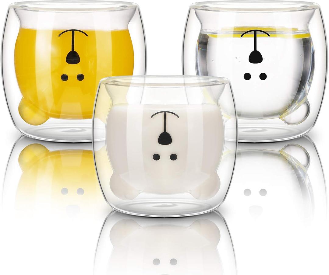 Patelai 3 Pieces Bear Mugs Cute Tea Coffee Cup Double Wall Insulated Glass Bear Espresso Cups White Glass Mugs for Office Birthday Halloween Christmas Valentines Gifts