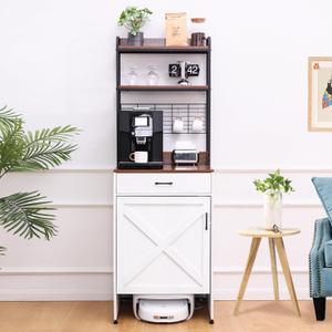 ALBAD Coffee Bar Cabinet with Drawer, Robot Vacuum Hidden Cabinet, 69" Tall with Adjustable Shelves, Open Storage Shelves, White Rustic Accent Console for Kitchen, Dinning Room