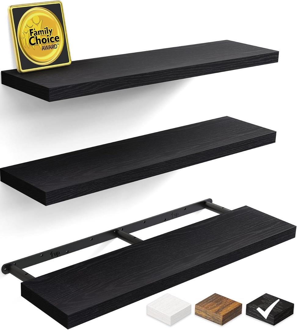 BAYKA Floating Shelves for Wall, 36 inches Long Wall Mounted Rustic Wood Shelves for Bathroom, Bedroom, Living Room, for Books/Storage/Decor with 30lbs CapacityBlack,Set of 3 (A. Black - Universal Classic Style)