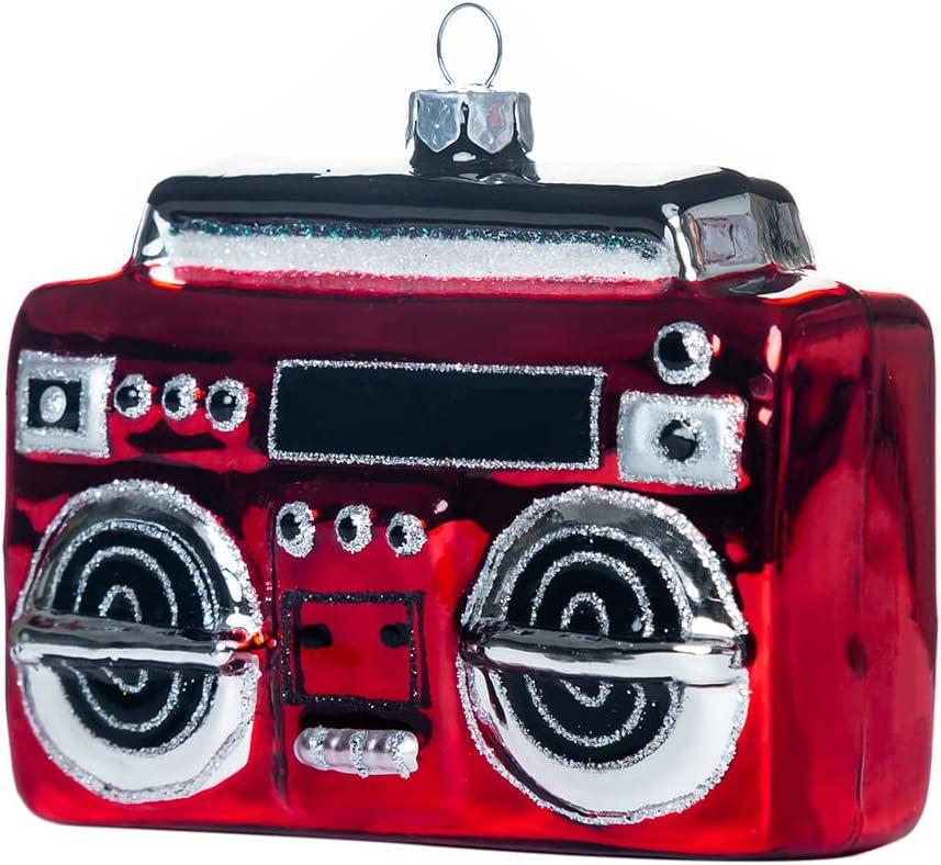 Set of 2 Hand Blown Glass Boombox Music Ornaments for Christmas Tree Decorations, Cute Nostalgic 80s Boom Box Radio Cassette Player Blown Glass Christmas Ornaments