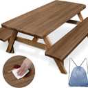 Picnic Table Cover with Bench Covers Elastic Edges, Wooden Brown Fitted Table Cover, Outdoor Patio Camping Essentials 72 Inch 3PCS, Waterproof Camping Fitted Tablecloth with Drawstring Bag