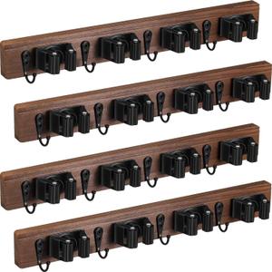 Chunful 4 Pack Mop and Broom Holder Wall Mount, Rustic Wood Broom Hanger with 4 Slots & 4 Hooks, Wall Mounted Garden Tool Rack Organizer for Bathroom Kitchen Closet Garage Room Office