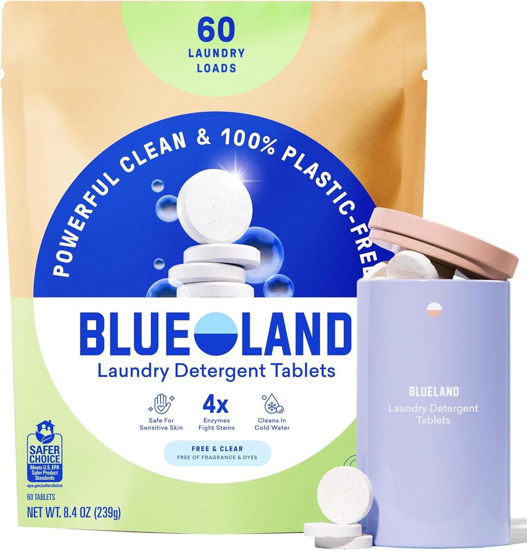 BLUELAND Laundry Detergent Tablets, Starter Set, 60 Count with Tin, Plastic-Free Eco-Friendly Pods, Sheets, Liquid Alternative - Fragrance Free and Clear, Natural, Gentle