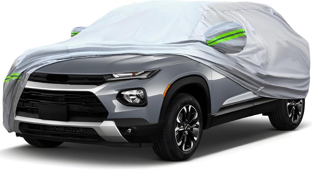 KEYOOG 6-Layer Full Car Cover is All-Weather Waterproof, Universal in All Seasons, Snow Prevention, Rainproof, Acid Rainproof, Sunscreen, Ultraviolet-Proof, Applicable to SUV and MPV (Up to 180") (Green Reflective Strip)