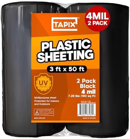 Black Plastic Sheeting Roll 3'x50' (2 Pack) – 4 Mil UV Protected, Weed Barrier & Landscape Plastic for Gardening, Root Blocker & Moisture Barrier, Protective Covering for Painting & Equipment