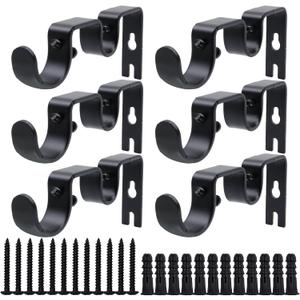 Double Curtain Rod Bracket 6 Pack Metal Curtain Rod Holders for Wall Sturdy Curtain Bracket for 1 Inch Curtain Rod Black Wall Mounted Curtain Rod Hooks for Bedroom Living Room Patio