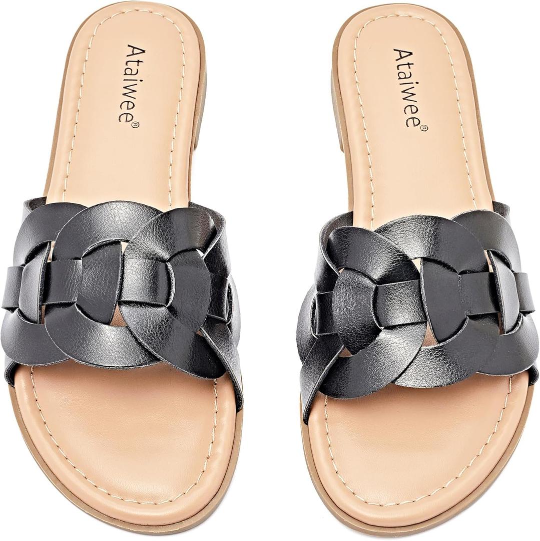 Ataiwee Women's Braided Flat Slide Sandals - Chic Summer Shoes with Round Toe and Cover Strap Detail, Easy Slip-On Design, Rubber Sole Strappy Sandals. (6, Black)