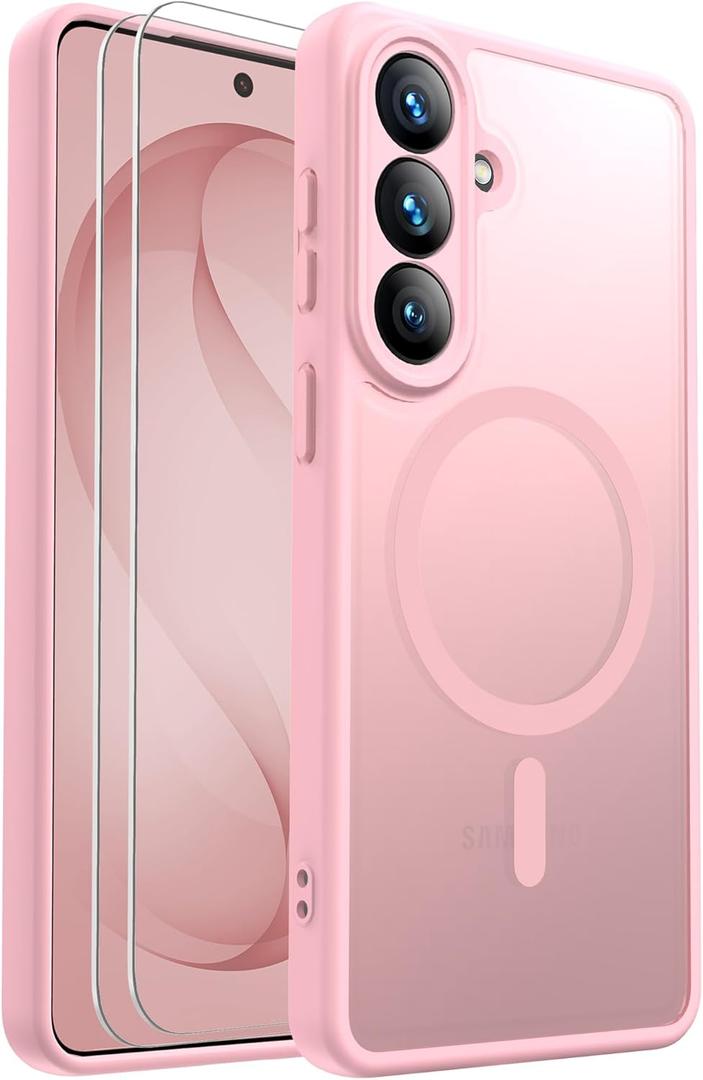 for Samsung Galaxy S26 Case Magnetic Shockproof, [Fit for MagSafe] [Glass Screen Protector] Soft-Touch Skin para Frosted Translucent Anti-Fingerprint Cover (Pink)
