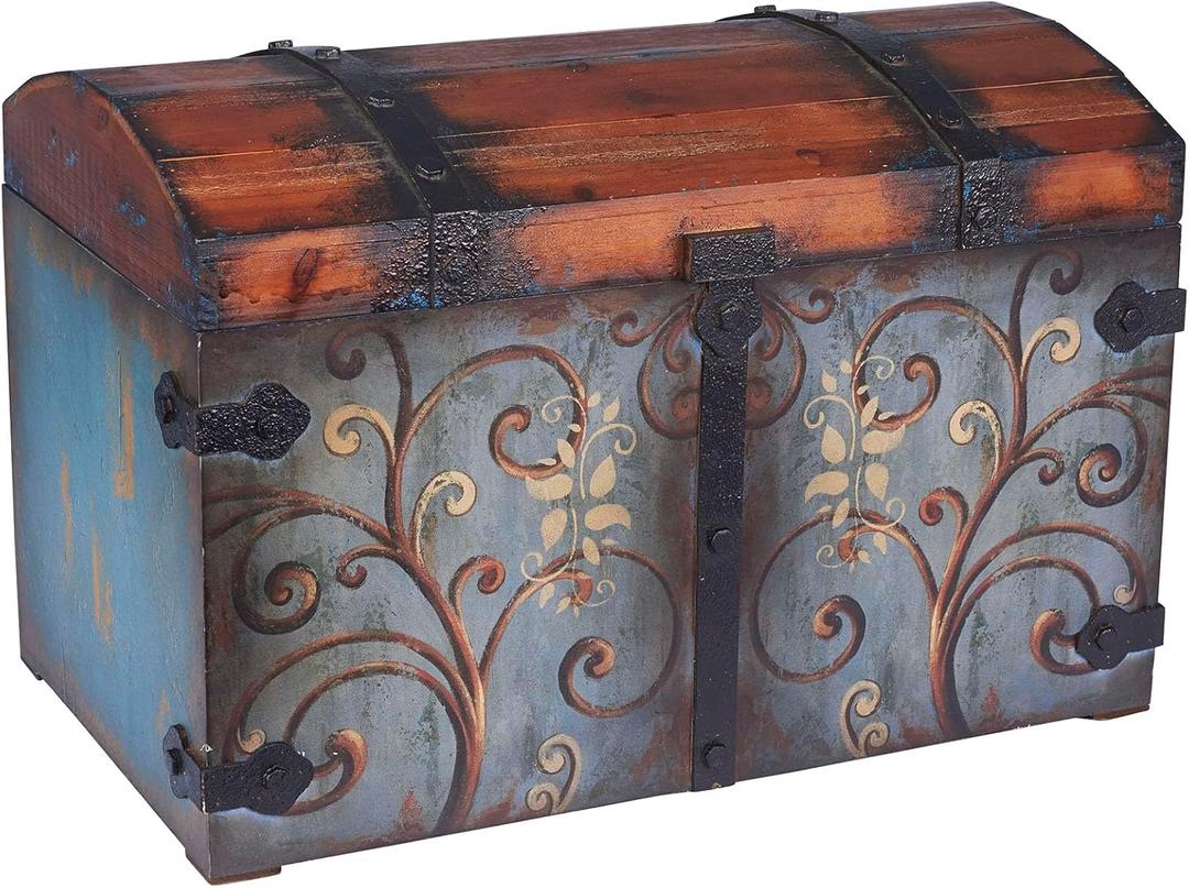 Household Essentials Vintage Wood Storage Trunk, Large, Blue Body/Brown Lid/Floral Design