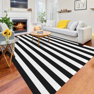 Black and White Striped Rug 6x9 Feet Cotton Woven Rug Reversible Retro Farmhouse Striped Outdoor Rug Washable Indoor Outdoor Area Rug for Living Room Bedroom Dining Room Home Decor Carpets
