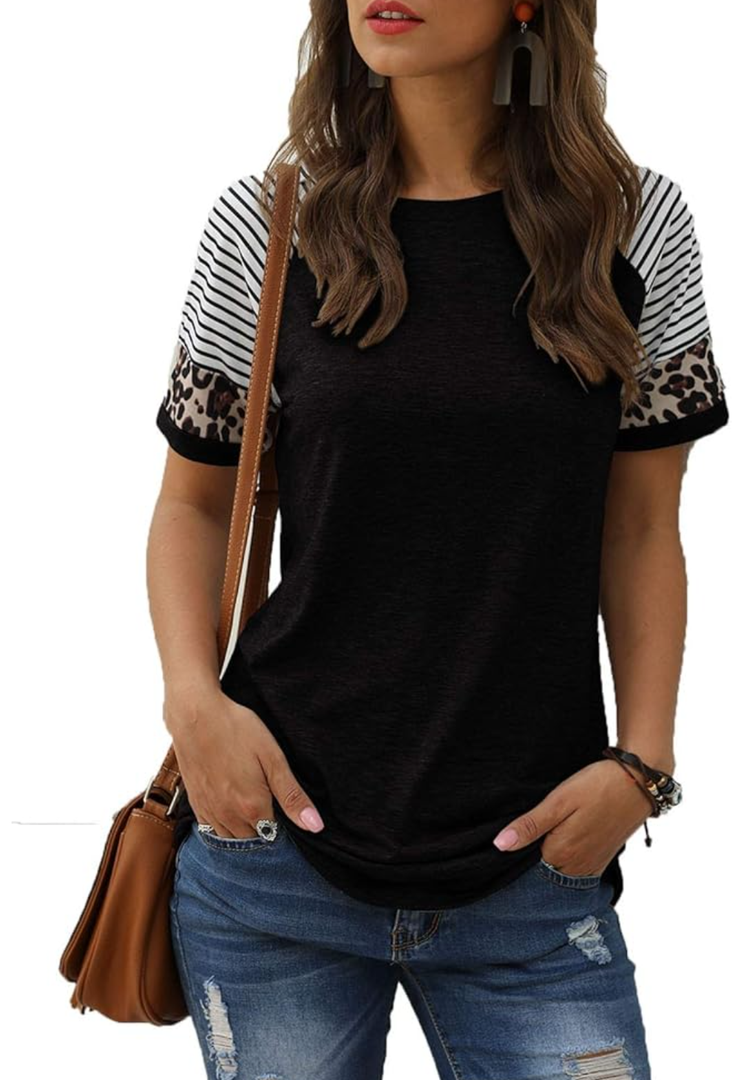 Adibosy Women Summer Casual Shirts: Short Sleeve Striped Tunic Tops - Womens Crew Neck Tee Tshirt Blouses, M