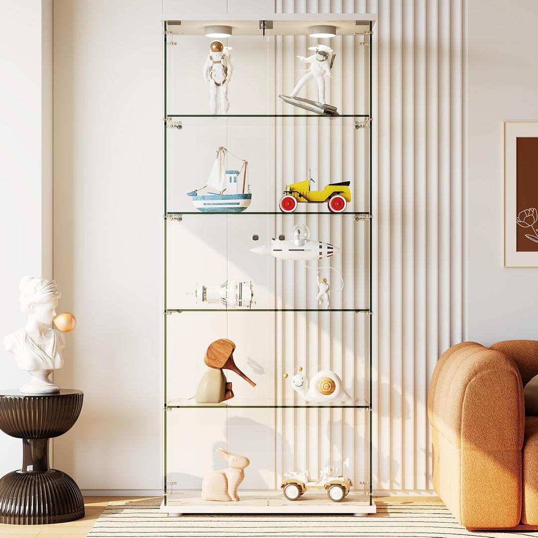 Garvee Glass Display Cabinet with LED Light, Tempered Glass Curio Collection Display Showcase with 5 Shelves and Lock, 2 Door Curio Cabinets for Living Room Bedroom Office, White