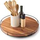 18" Acacia Wood Lazy Susan Turntable with Metal Frame - Large Brown Lazy Susans Organizer Countertop Storage - Wooden Serving Tray for Charcuterie Cheese Board - Kitchen Counter Rotating