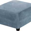 H.VERSAILTEX Square Ottoman Covers Ottoman Slipcover Square Footstool Protector Covers Storage Stool Ottoman Covers Stretch with Elastic Bottom, Feature Real Velvet Plush Fabric, Stone Blue (Medium)