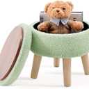 Mxfurhawa Versatile Storage Ottoman, Round Footstool with Soft Padded Seat, Small End Table with 4 Wood Legs, Teddy Velvet Foot Rest for Couch,Shoe Changing Stool for Living Room (Light Green)