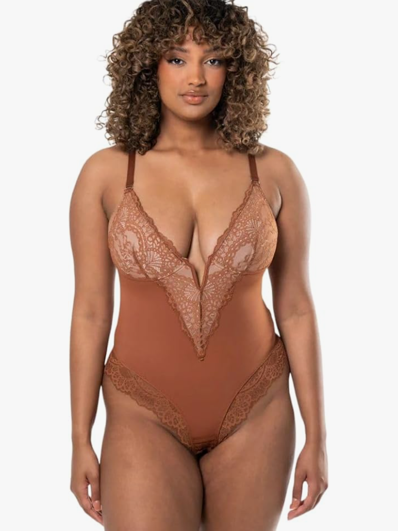 HeyShape Bodysuits for Women - V-Neck Lace Backless Thong - Body Shaper Tummy Control Shapewear for Women M