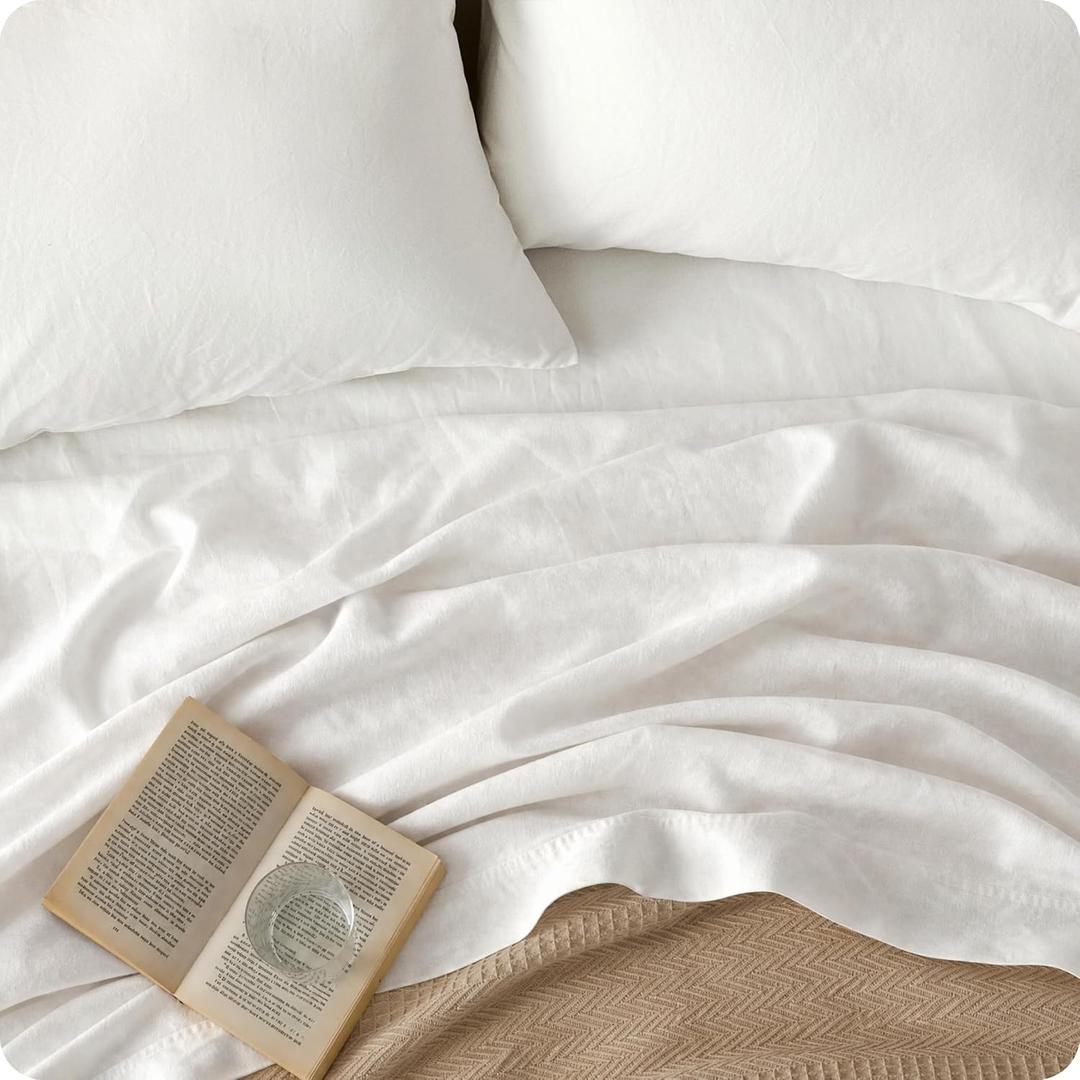 Bedsure Linen Sheets - California King Sheet Sets, Blend from Linen Cotton Bedsheets, Breathable & PureWoven Soft California King Bed Sheets, Deep Pocket Up to 16 Inches, 4 Pieces, White