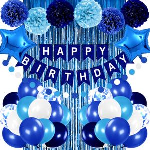 Blue Birthday Party Decorations for Boys Men Happy Birthday Banner Balloons Navy Royal Light Blue Pom Poms Foil Curtain Dcor Party Decorations for Baby Boy