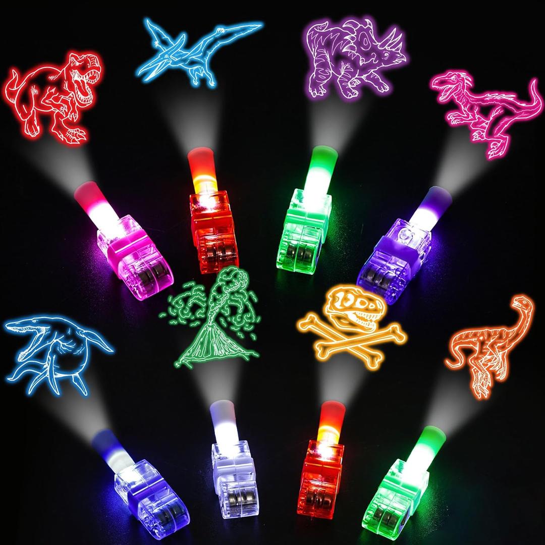 LovesTown 24PCS Dinosaur Party Favors, LED Light up Finger Lights Glow in The Dark Finger Flashlights for Birthday Party Decorations Goodie Bags Fillers Classroom Prizes