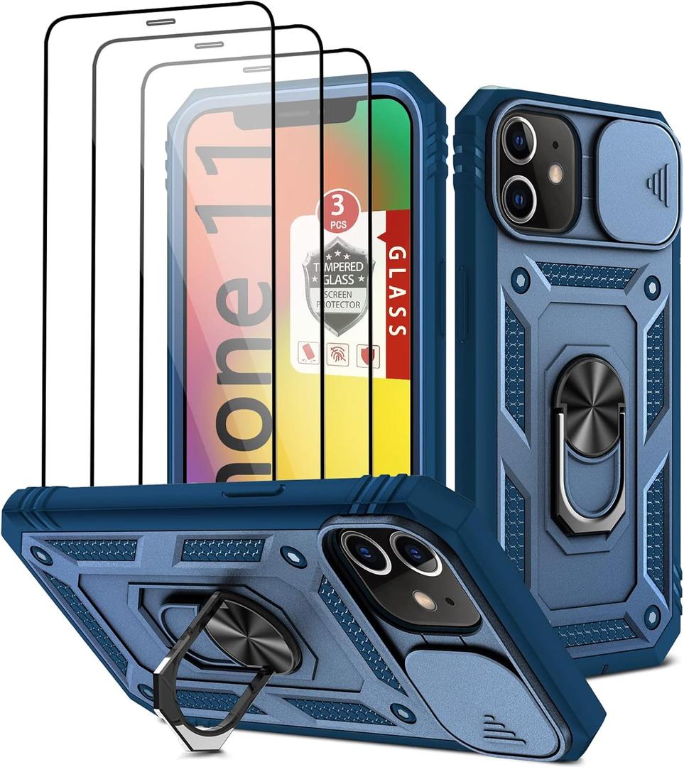 Case for iPhone 11, for iPhone 11 Case with 3 Pcs Tempered Glass Screen Protector Built in Ring Stand Kickstand + Camera Cover, Hard PC Soft TPU Defender Full Body Protective Armor Case Cover - Blue